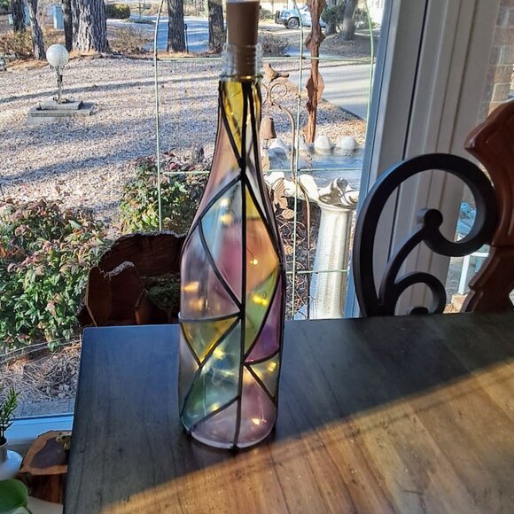 Hand Painted Faux Stained Glass Wine Bottle Lamp w/Fairy Lights-Unique Decor - Picture 12 of 12
